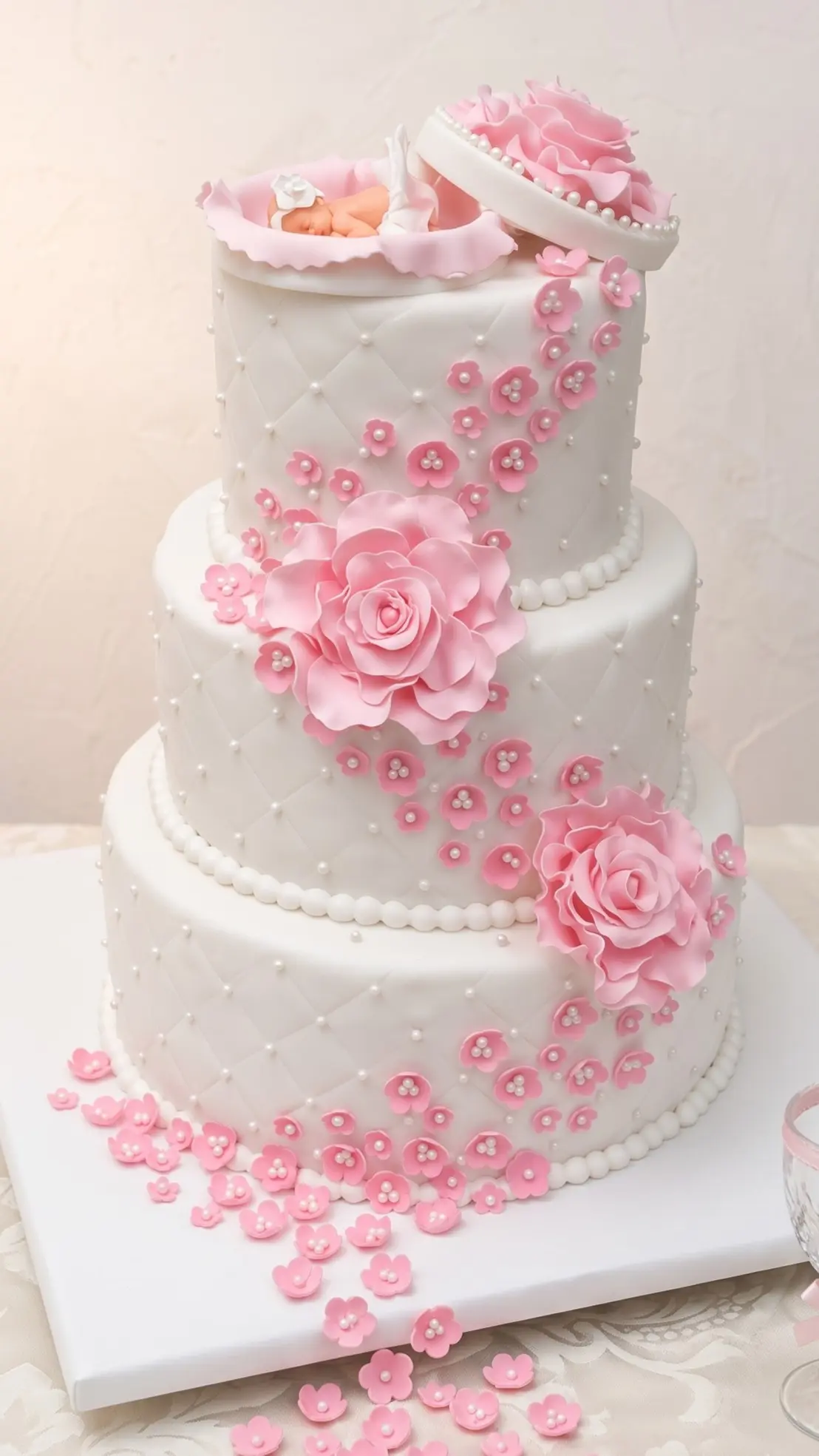 White tiered celebration cake with pink flowers, pearl details and a sleeping baby topper